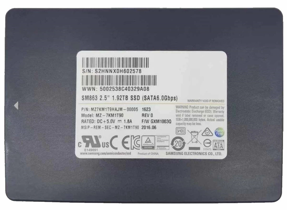 Samsung MZ7KM1T9HAJM-00005 SM863 1.92TB SATA 6Gbps 2.5 インチ SSD |使用済み