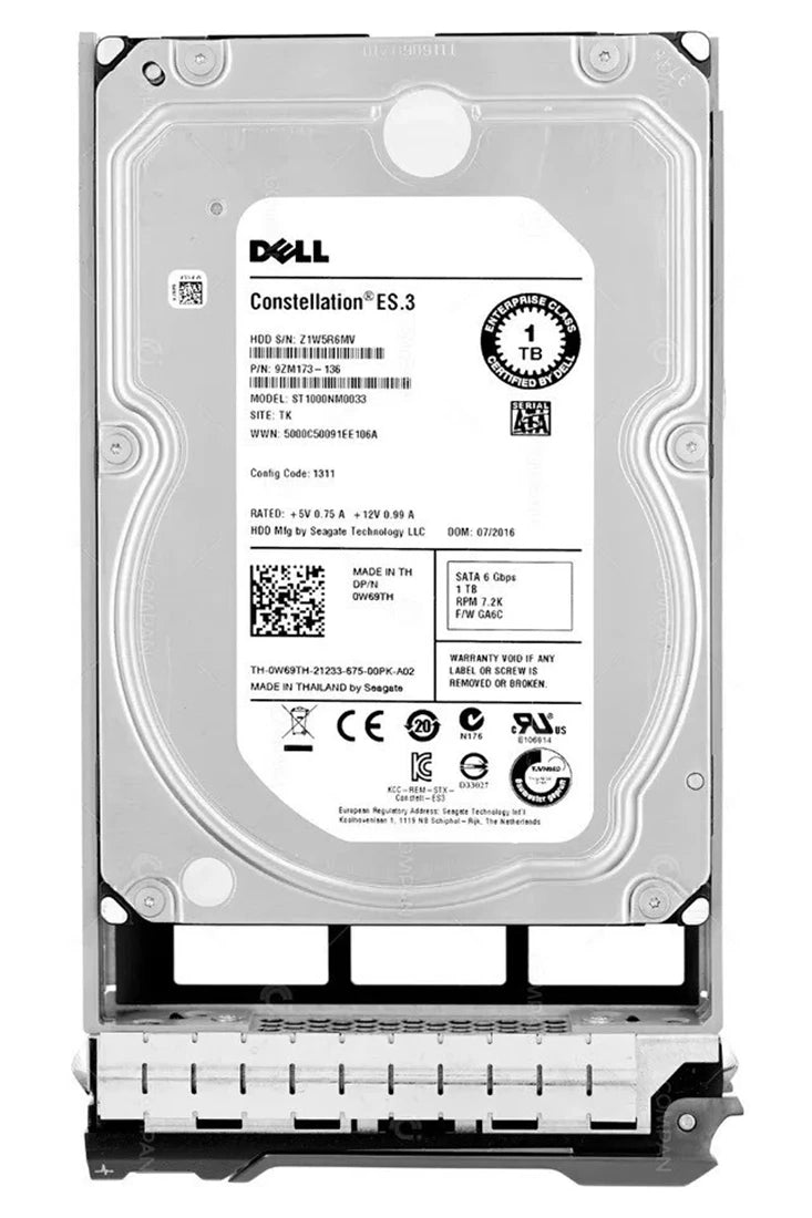 デル W69TH 1TB 7.2K SATA-6Gbps 512n 3.5" ハードドライブ（トレイ付き）｜中古品