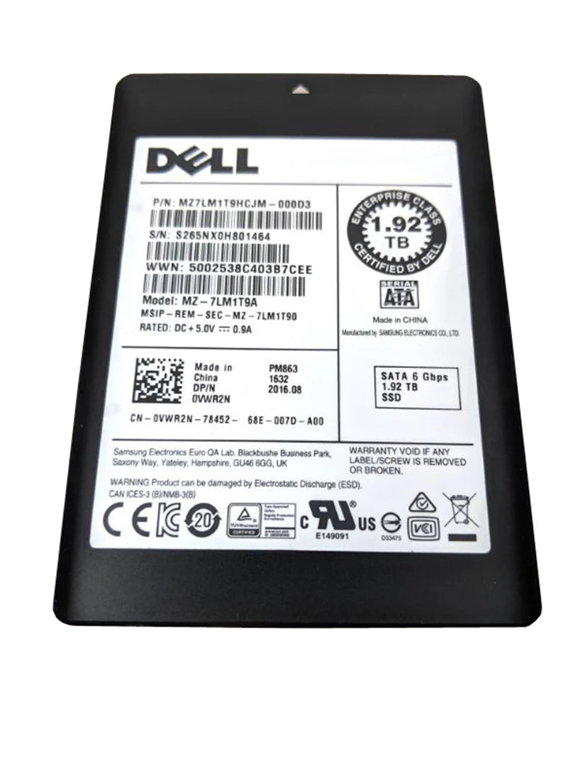 Samsung PM863 MZ7LM1T9HCJM-000D3 読み取り集中 SSD 1.92 TB SATA 6Gb/s DELL OEM |使用済み