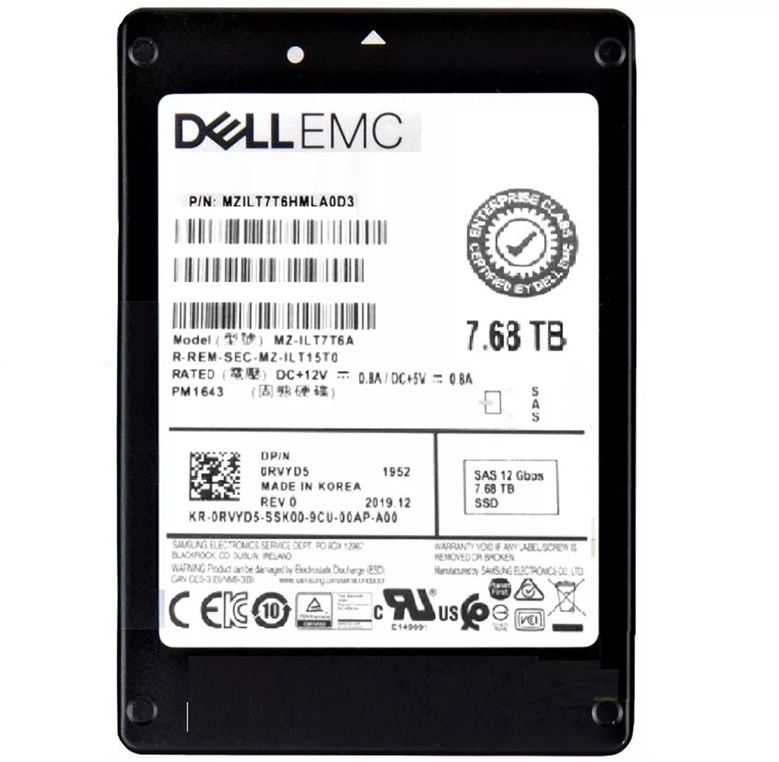 Samsung PM1643 MZILT7T6HMLA0D3 Read Intensive SSD 7.68 TB SAS 12Gb/s DELL OEM | USED