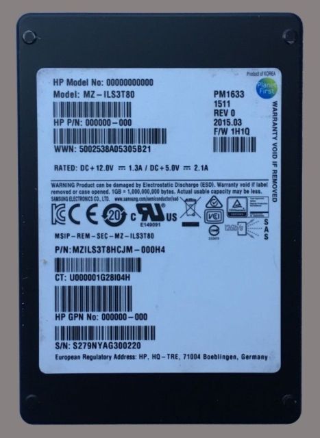 翻新|三星MZ-ILS3T80 PM1633 3.84TB SAS 12GBPS 2.5英寸SSD