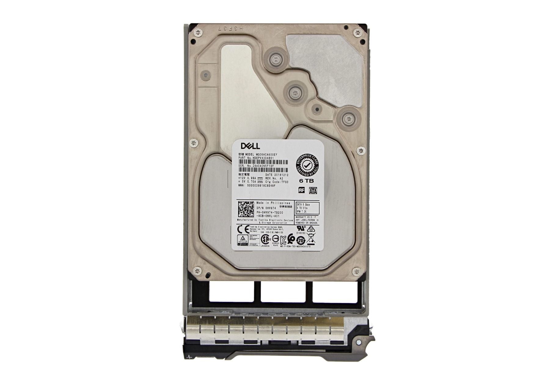 Dell HV974 6TB 7.2K 3.5" SATA 6Gbps ホットプラグ対応ハードドライブ 13GB | 中古 メイン画像