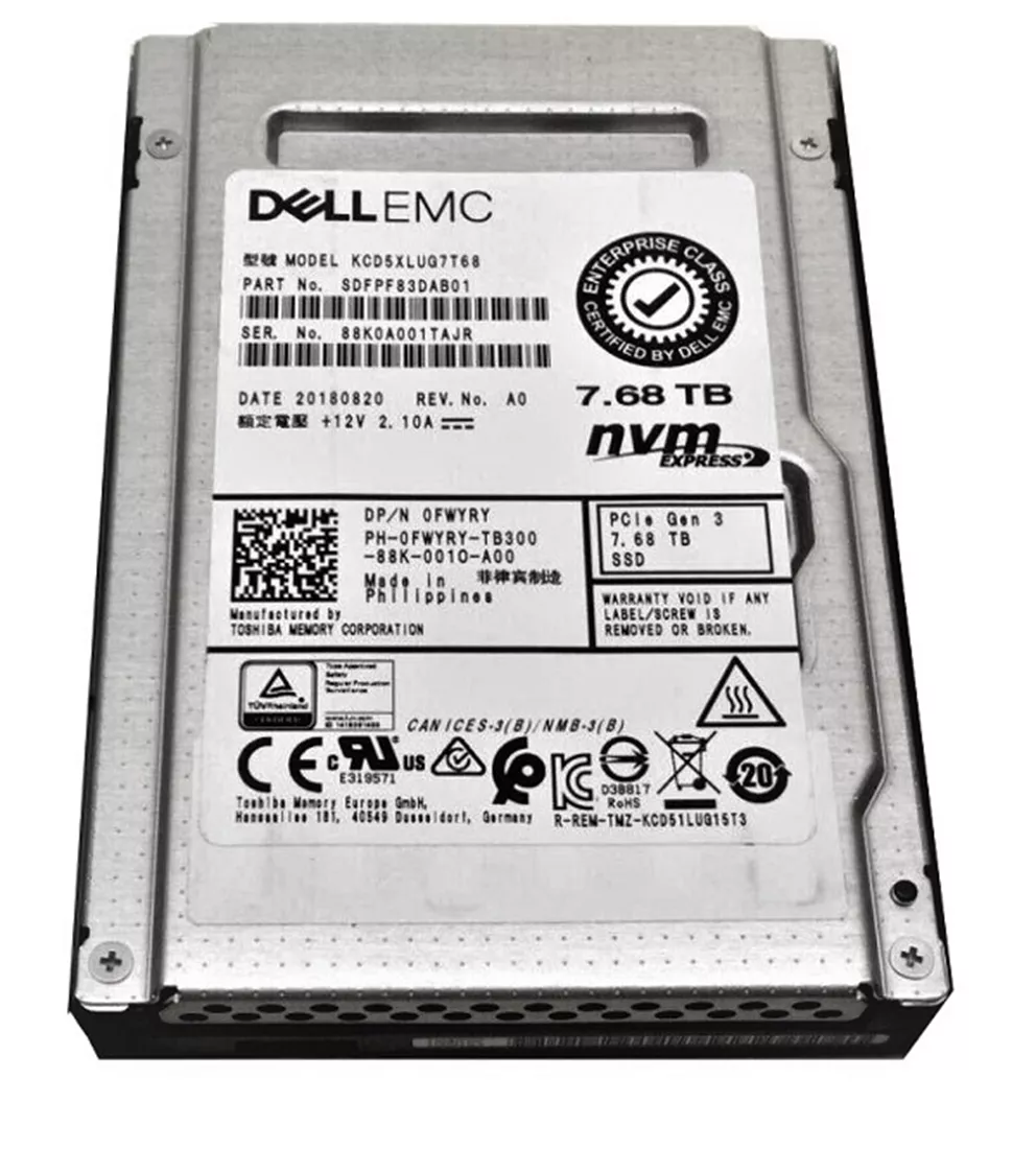 Kioxia CD5 KCD5XLUG7T68 讀取密集型 SSD 7.68 TB PCIe 3.0 X4 (NVMe) 戴爾 OEM |用過的