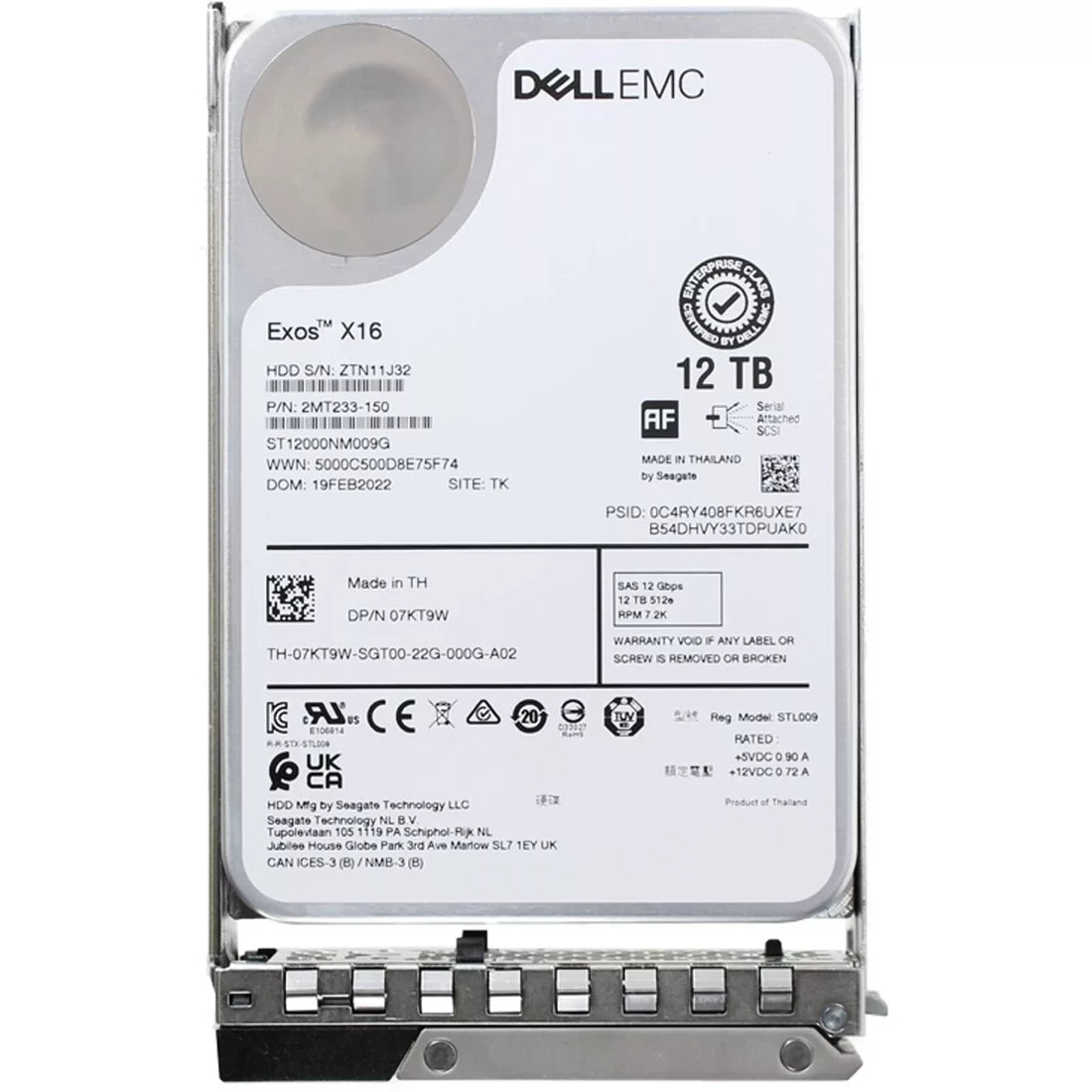 Dell 7KT9W 12TB SAS-12Gbps 7.2K 512e 3.5인치 핫플러그 하드 드라이브(14G 키트 포함) | 사용된