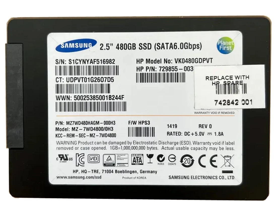 HPE VK0480GDPVT 480GB 2.5インチ Sata 6Gbps ソリッド ステート ドライブ |使用済み メイン画像