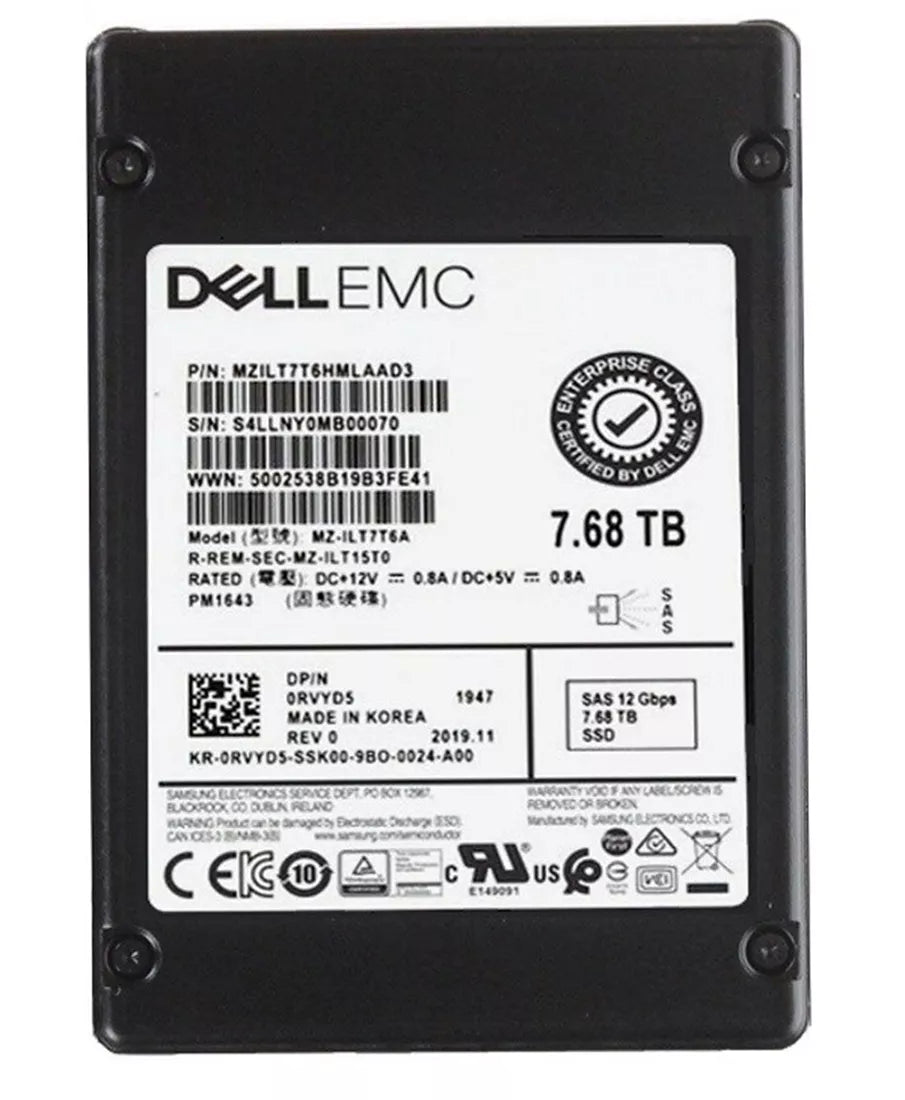 三星 PM1643 MZILT7T6HMLAAD3 读取密集型 SSD 7.68 TB SAS 12Gb/s 戴尔 OEM |用过的