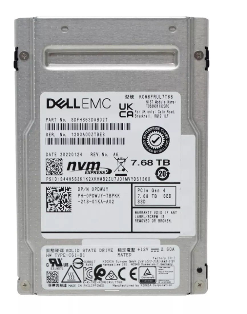 Kioxia CM6-R KCM6FRUL7T68 读取密集型 SSD 7.68 TB PCIe 4.0 x4 (NVMe) 戴尔 OEM |用过的