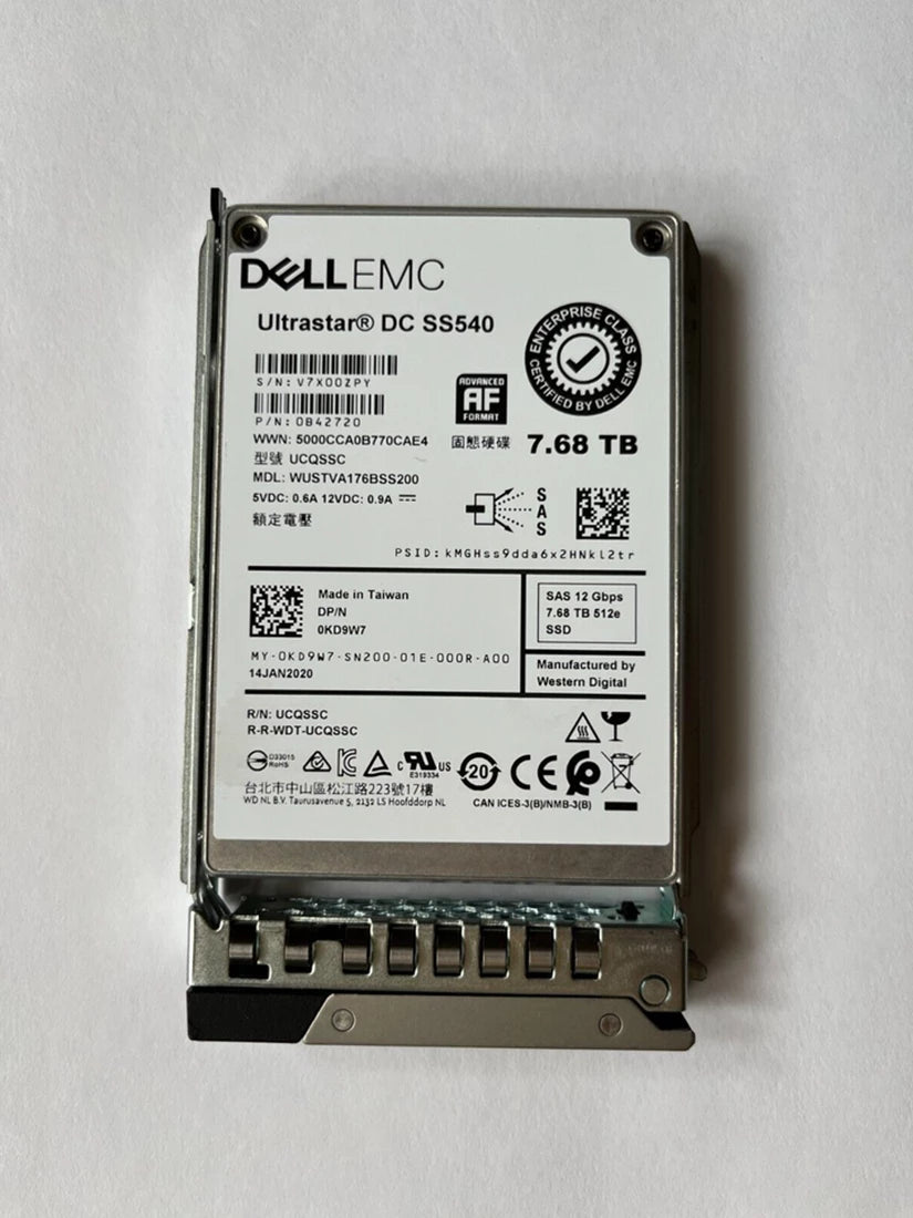 戴尔 KD9W7 7.68TB SSD TLC SAS 读取密集型 12Gbps | 二手