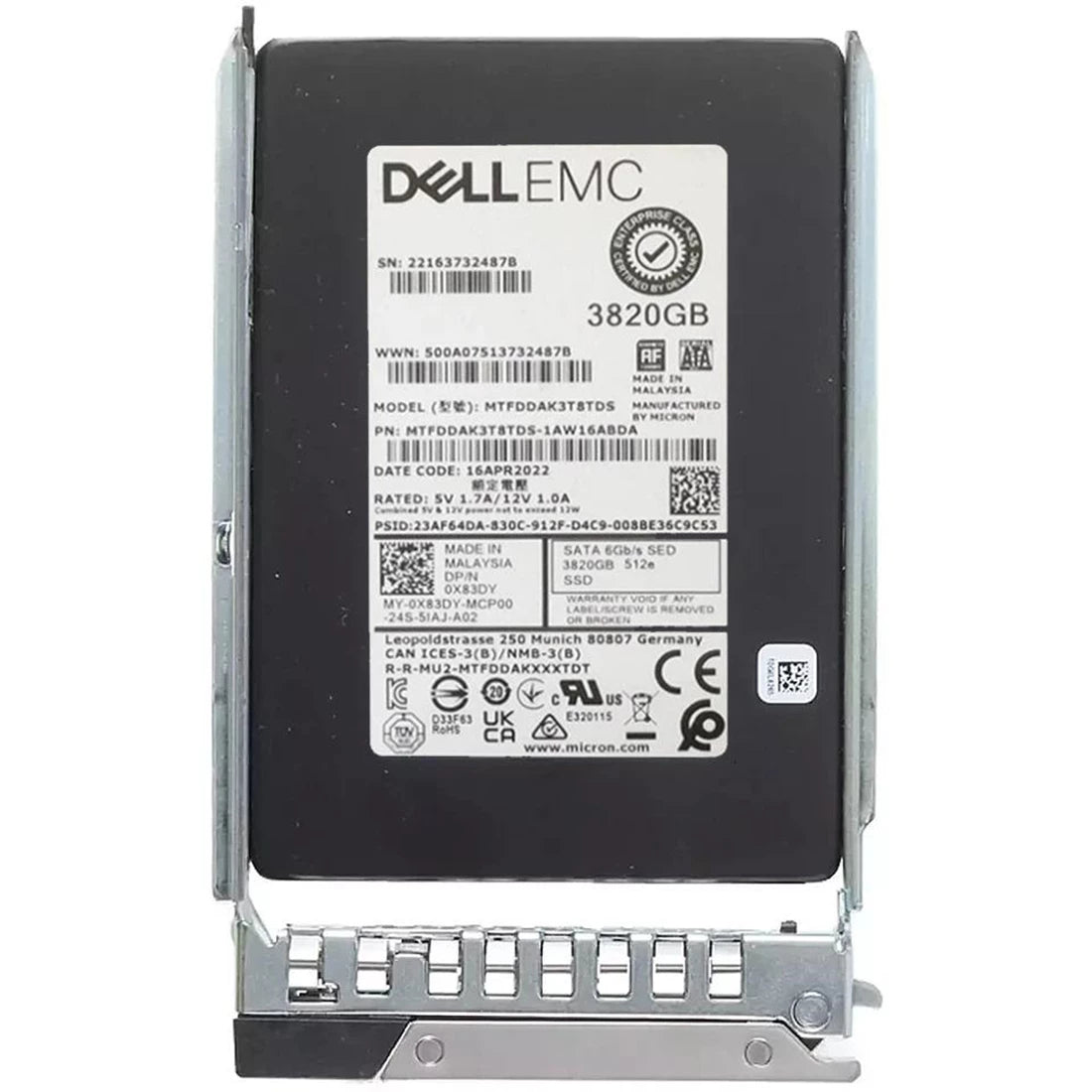 DELL X83DY 3.82Tb SED SATA-6Gbps 2.5Inch R-I 1DWPD SSD | THƯƠNG HIỆU MỚI Hình ảnh chính