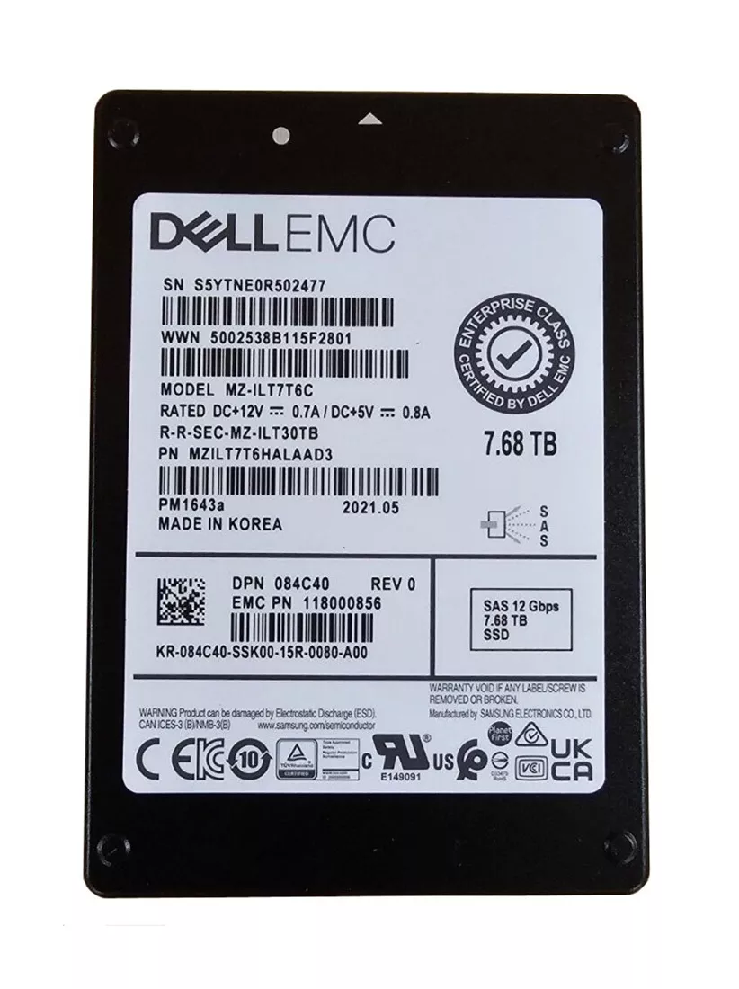 三星 PM1643a MZILT7T6HALAAD3 读取密集型 SSD 7.68 TB SAS 12Gb/s 戴尔 OEM |用过的