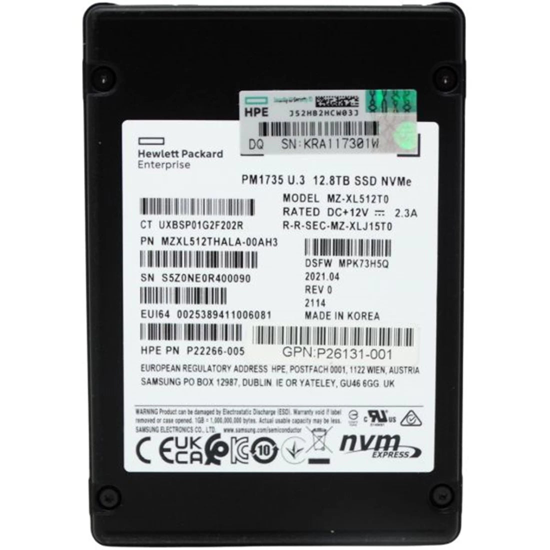 改装済み | Samsung PM1735 MZ-XL512T0 SSD 12.8TB PCIe 4.0 x8 (NVME) HPE OEM 再生品 メイン画像