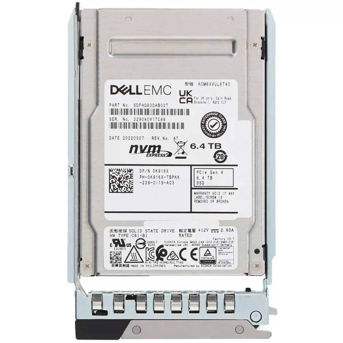 戴爾 K916X 6.4TB PCIe® 4.0 NVMe™ 1.4 U.2 混合用途 TLC 固態硬碟 |使用過的 主圖