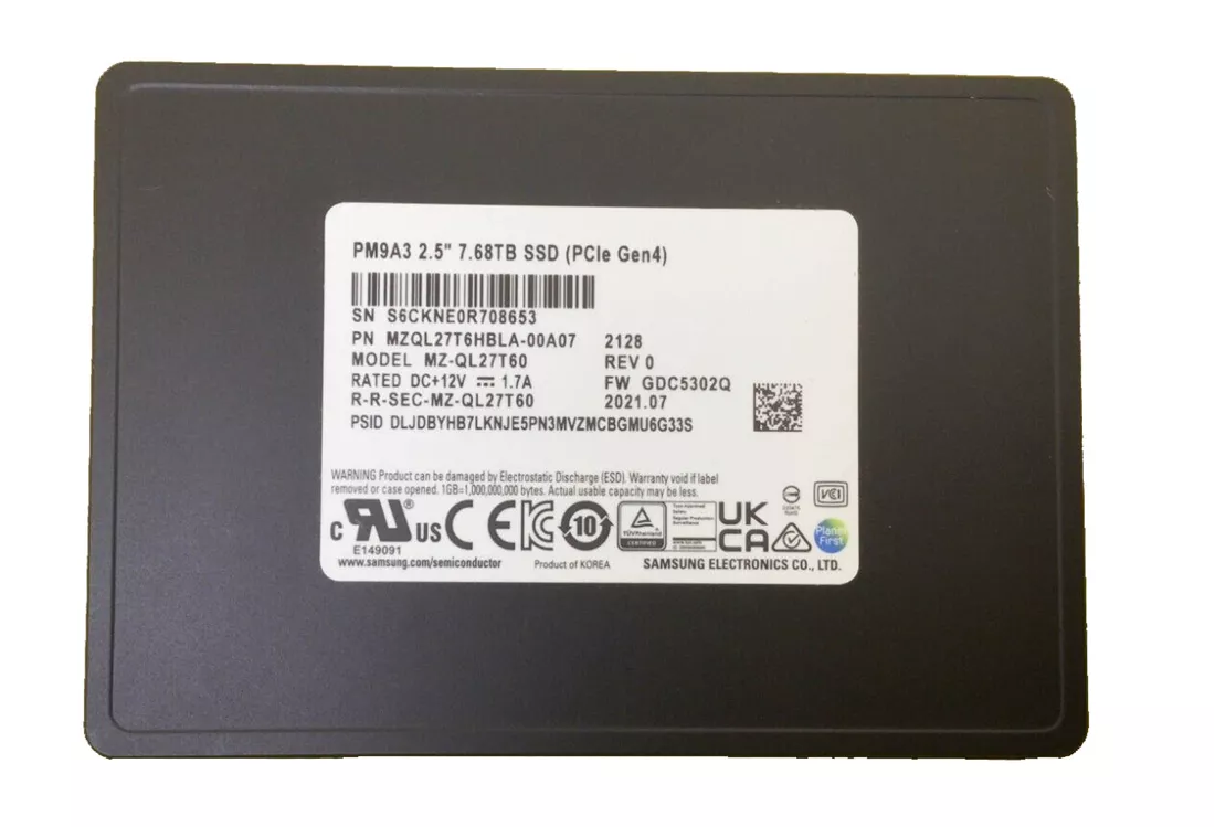 Samsung MZ-QL27T600 PM9A3 7.68Tb PCIe 4 x4 U.2 7mm Ssd | USED