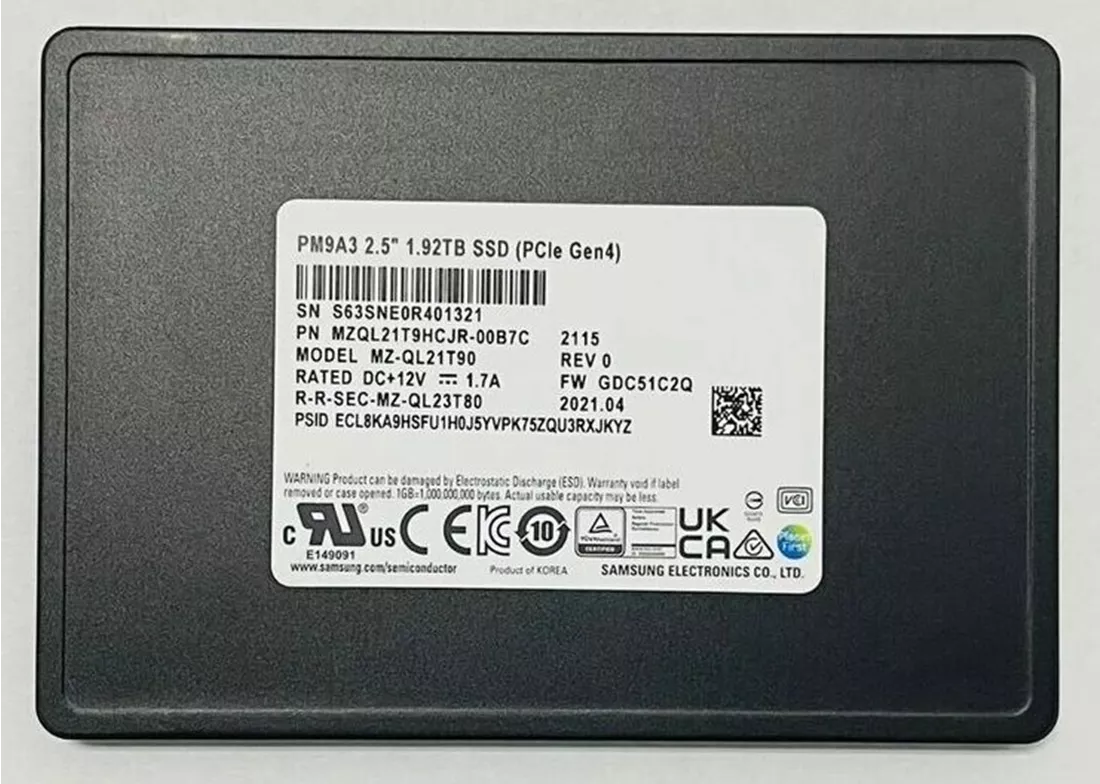 全新|三星MZQL21T9HCJR-00B7C PM9A3 1.92TB PCI-E GEN4 X4 U.2 2.5英寸SSD