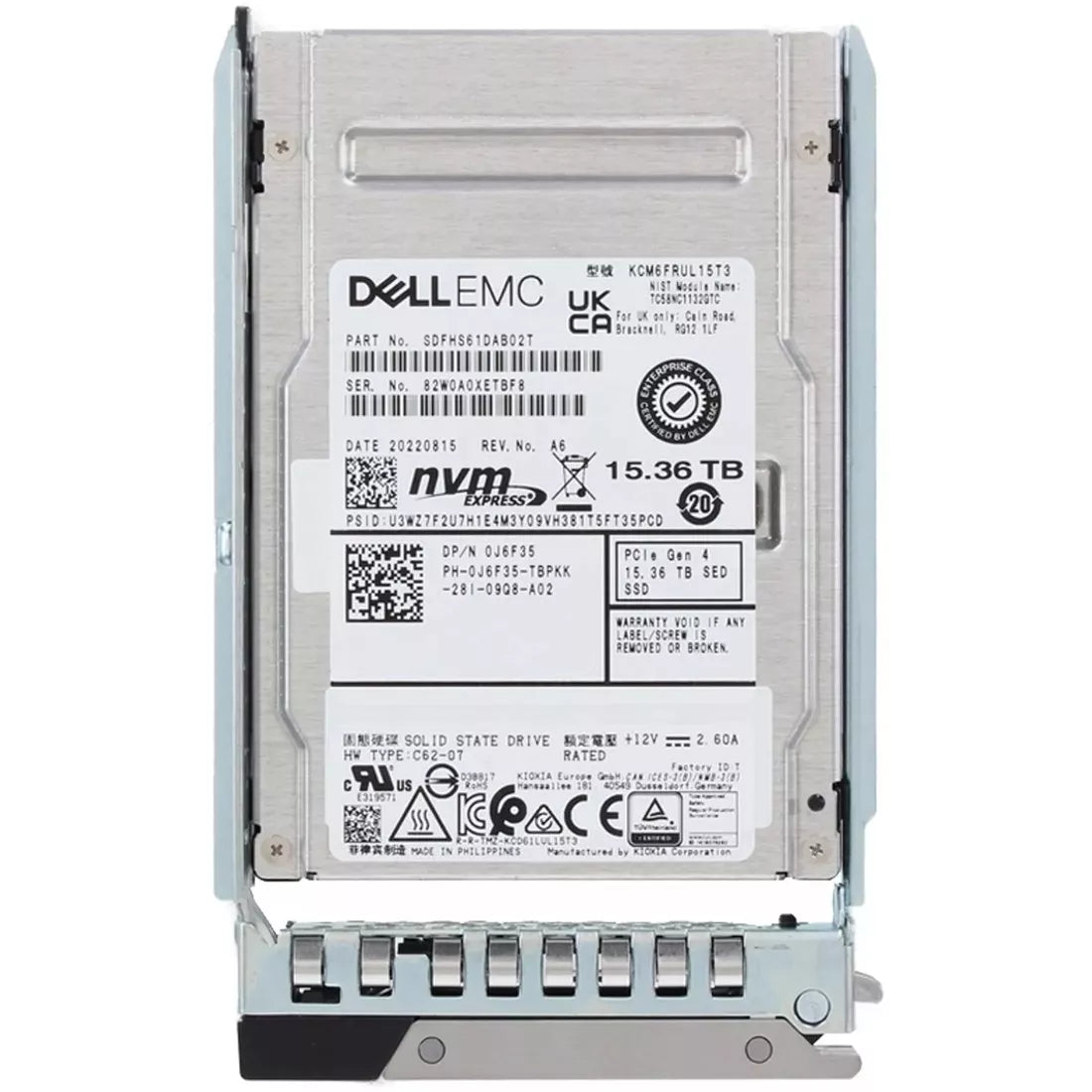 戴爾 J6F35 15.36TB SED FIPS 2.5 吋 U.2 PCIe Gen4.0 x4 NVMe 固態硬碟 |使用過的 主圖