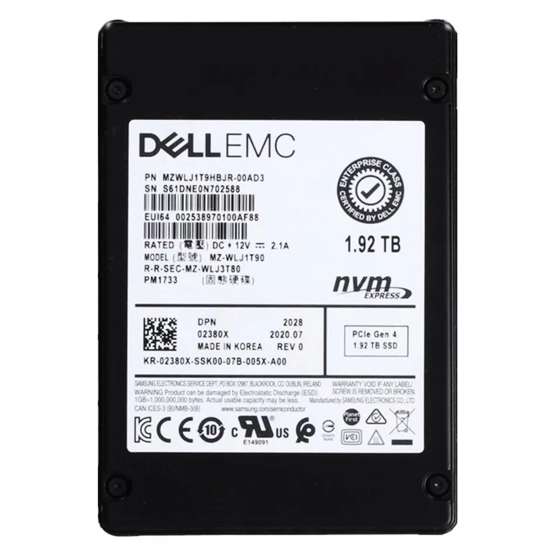 Samsung PM1733 MZWLJ1T9HBJR-00AD3 SSD 1,92 To Pci Express 4.0 X4 (NVMe) DELL OEM | UTILISÉ