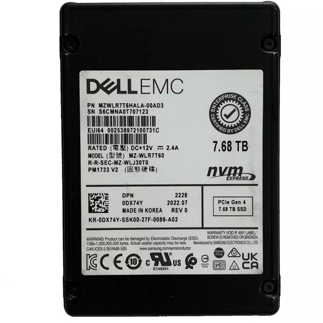 Samsung PM1733 MZWLR7T6HALA-00AD3 SSD 7.68 TB Pci Express 4.0 X4 (NVMe) DELL OEM Brand New | USED Main image