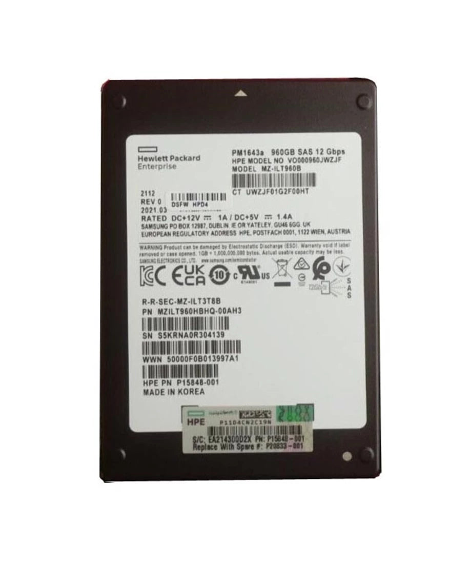 Samsung PM1643a MZILT960HBHQ-00AH3 SSD 960 GB SAS 12Gb/s HPE OEM |使用済み