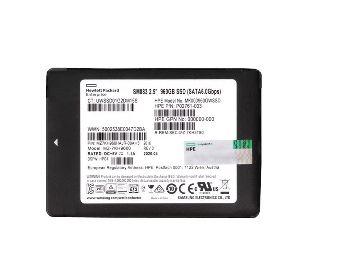 翻新|三星SM883 MZ7KH960HAJR-00AH3混合使用SSD 960 GB SATA 6GB/S HPE OEM翻新