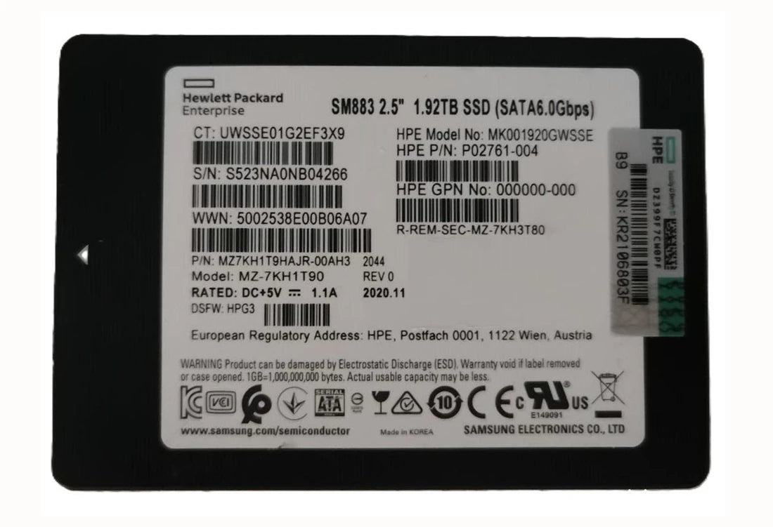 三星 SM883 MZ7KH1T9HAJR-00AH3 混合用途 SSD 1.92 TB SATA 6Gb/秒 HPE OEM |用過的
