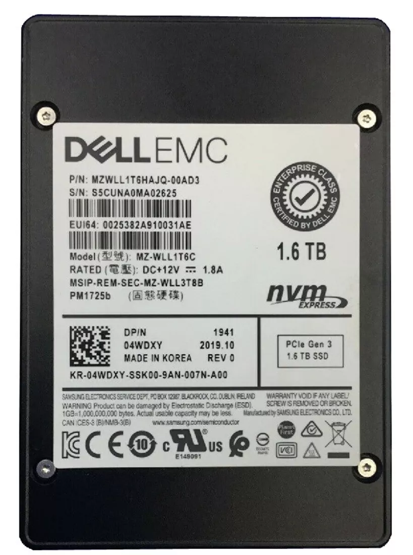 三星 PM1725b MZWLL1T6HAJQ-00AD3 SSD 1.6 TB Pci Express 3.0 X4 (NVMe) 戴尔 OEM |用过的
