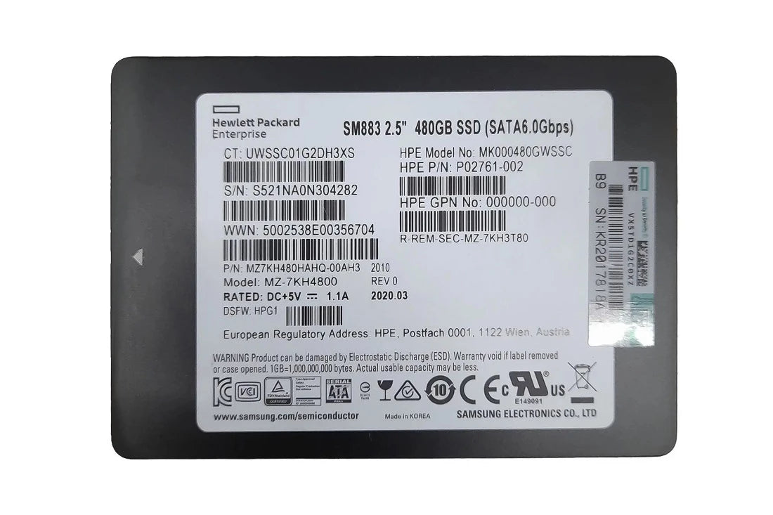 三星 SM883 MZ7KH480HAHQ-00AH3 混合用途 SSD 480 GB SATA 6Gb/秒 HPE OEM |用過的
