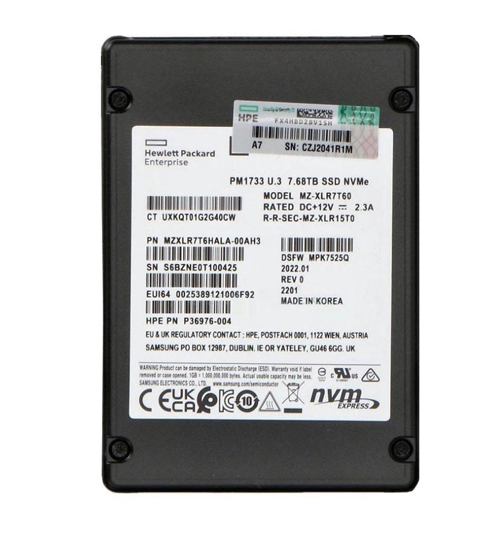 三星 PM1733 MZXLR7T6HALA-00AH3 SSD 7.68 TB PCIe 4.0 x4 (NVMe) HPE OEM |用過的