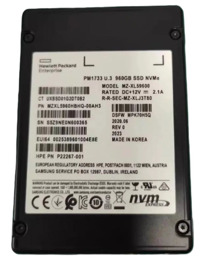 三星 PM1733 MZXL5960HBHQ-00AH3 读取密集型 SSD 960 GB Pci Express (NVMe) HPE OEM |用过的