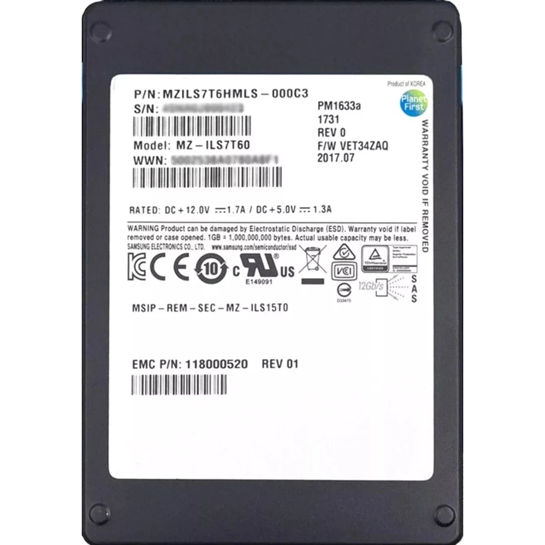 Samsung MZILS7T6HMLS-000C3 PM1633a 7.68TB SAS 12Gbps 2.5 インチ SSD |使用済み