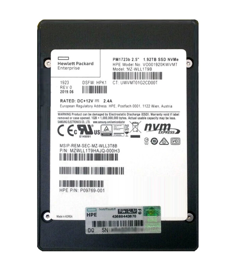 翻新|三星PM1723B MZ-WLL1T9B SSD 1.92 TB PCIE 3.0 X4（NVME）HPE OEM翻新