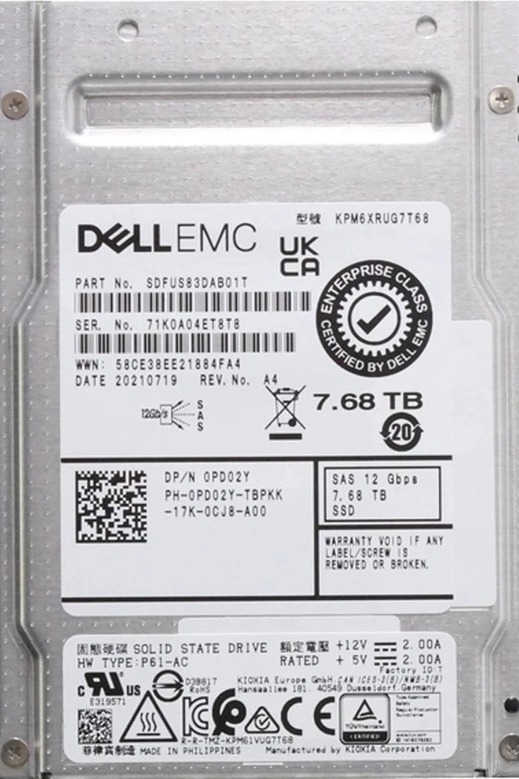 Kioxia SDFUS83DAB01T 7,68 To SAS 12 Gbit/s 512e 2,5 pouces Série PM6-R SSD | UTILISÉ