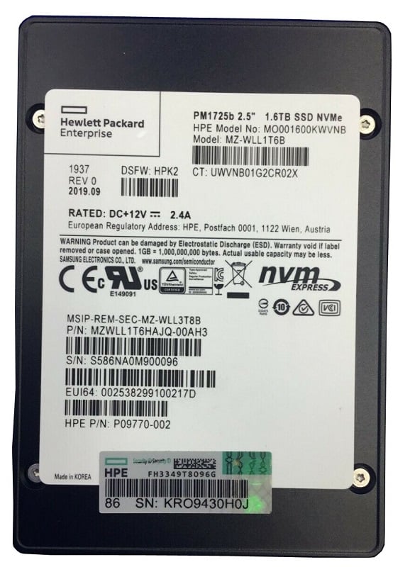 三星 PM1725b MZWLL1T6HAJQ-00AH3 混合用途 SSD 1.6 TB PCIe 3.0 x4 (NVMe) HPE OEM |用過的