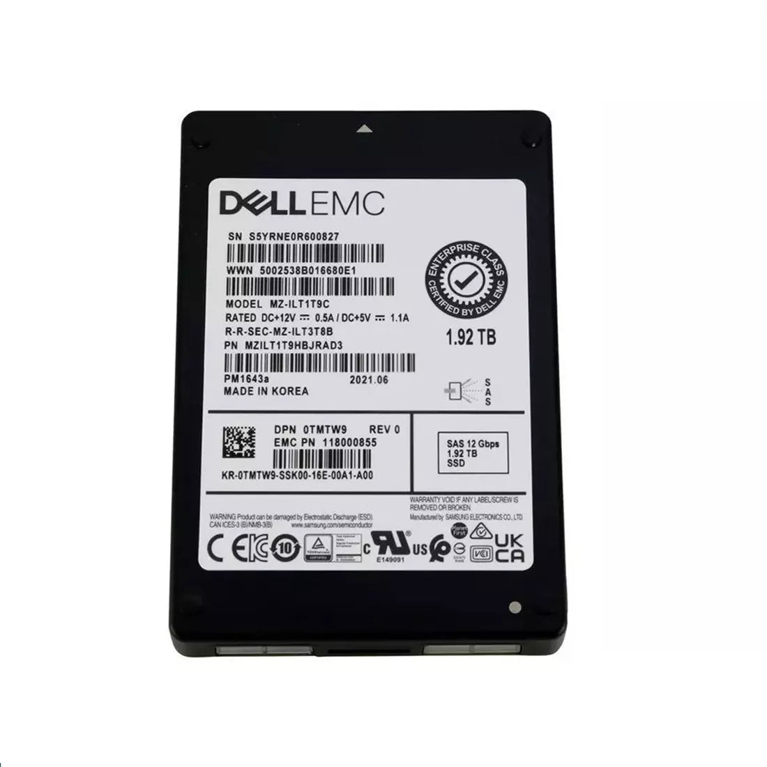 三星 PM1643a MZILT1T9HBJRAD3 讀取密集型 SSD 1.92 TB SAS 12Gb/s 戴爾 OEM |用過的