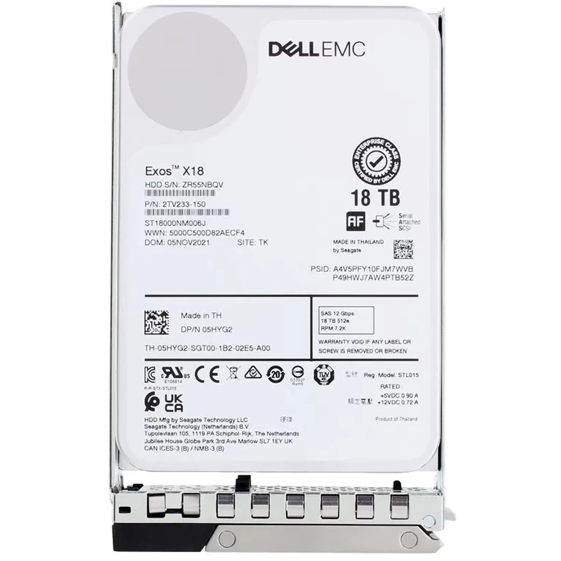 Dell EMC 5HYG2 18TB 7.2K RPM SAS 12Gbps 512e 3.5 インチ ホットプラグ ハード ドライブ (14G トレイ付き) |使用済み