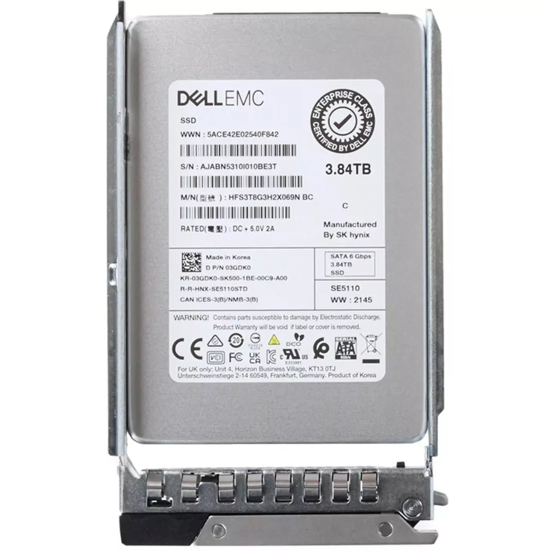 Dell 3GDK0 3.84Tb SATA 6Gbps 2.5 インチ読み取り集中 1DWPD ホットプラグ SSD |使用済み