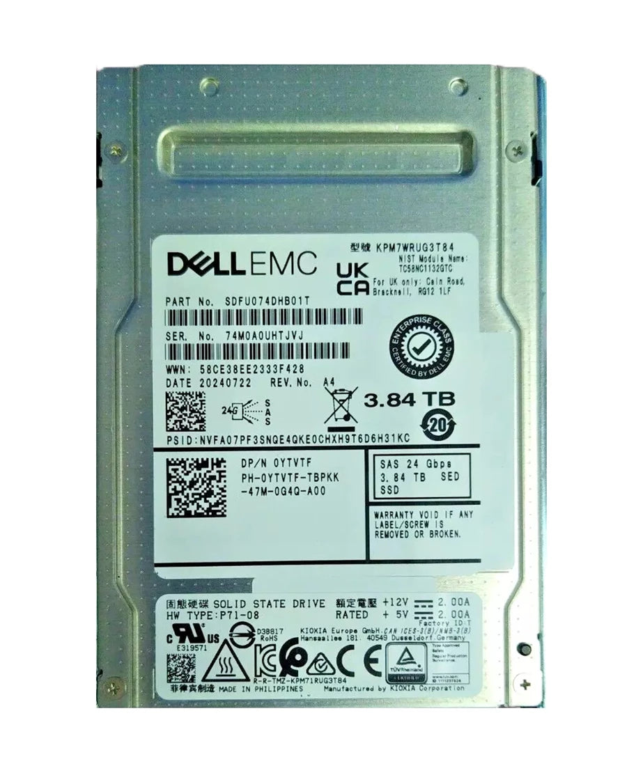Kioxia KPM7WRUG3T84 PM7-R シリーズ 3.84TB SAS 24Gb/s FIPS SED 2.5 インチ内蔵 SSD Dell OEM |使用済み
