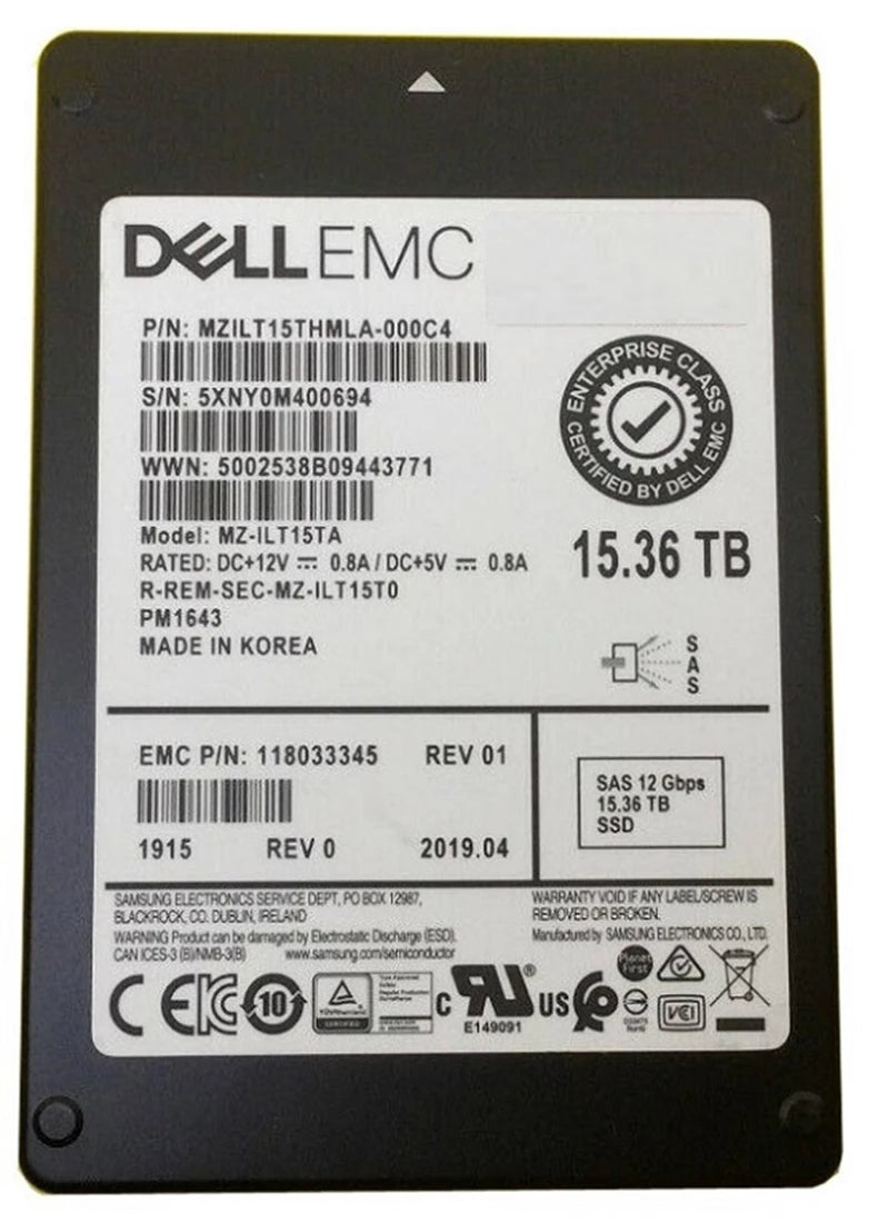 三星 PM1643 MZILT15THMLA-000C4 SSD 15.36 TB SAS 12Gb/s EMC OEM |用過的