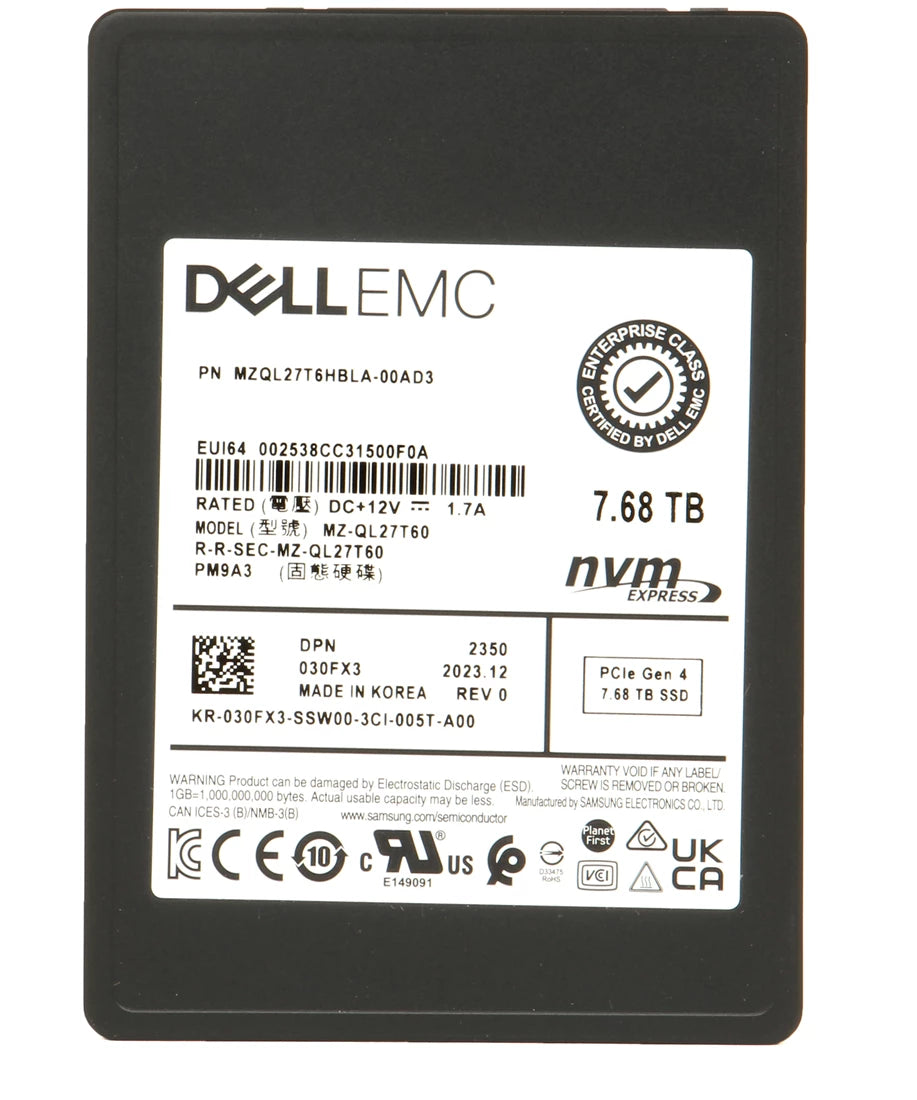 三星 MZQL27T6HBLA-00AD3 7.68TB U.2 PCIe Gen4 x4 NVMe 2.5 英寸 V-NAND TLC 固态硬盘。 |用过的