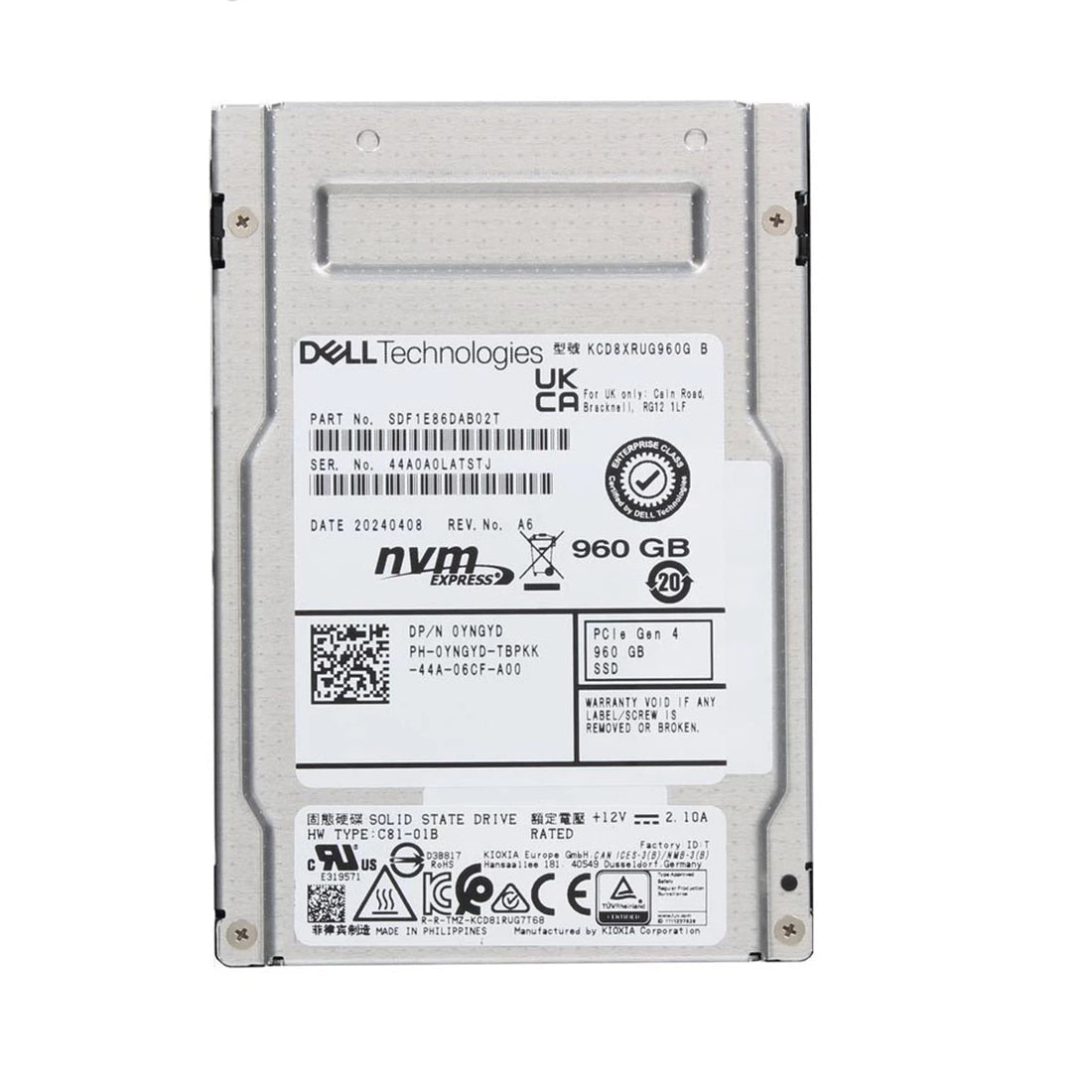 Kioxia KCD8XRUG960G 960GB Read Intensive PCI-e 4.0 X4 SIE 2.5inch SSD New Dell OEM | USED