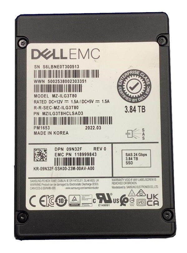 翻新|三星PM1653 MZILG3T8HCLSAD3企業3.84TB SAS 24G SSD DELL OEM