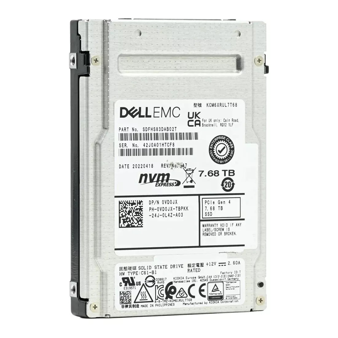Kioxia CM6-R SDFHS83DAB02T Read Intensive SSD 7.68 TB PCIe 4.0 (NVMe) DELL OEM | USED