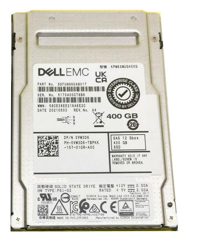 Kioxia SDFUN86DAB01T 400GB SAS-12Gbps PM6 系列 WI TLC 2.5 吋 SSD Dell OEM |使用過的