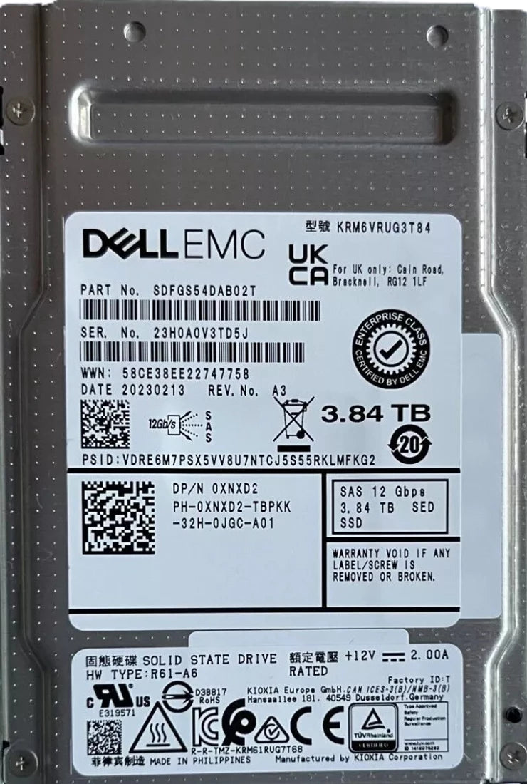 Kioxia SDFGS54DAB02T SED 3.84TB SAS-12Gbps 2.5inch Read Intensive TLC SSD Dell OEM | USED