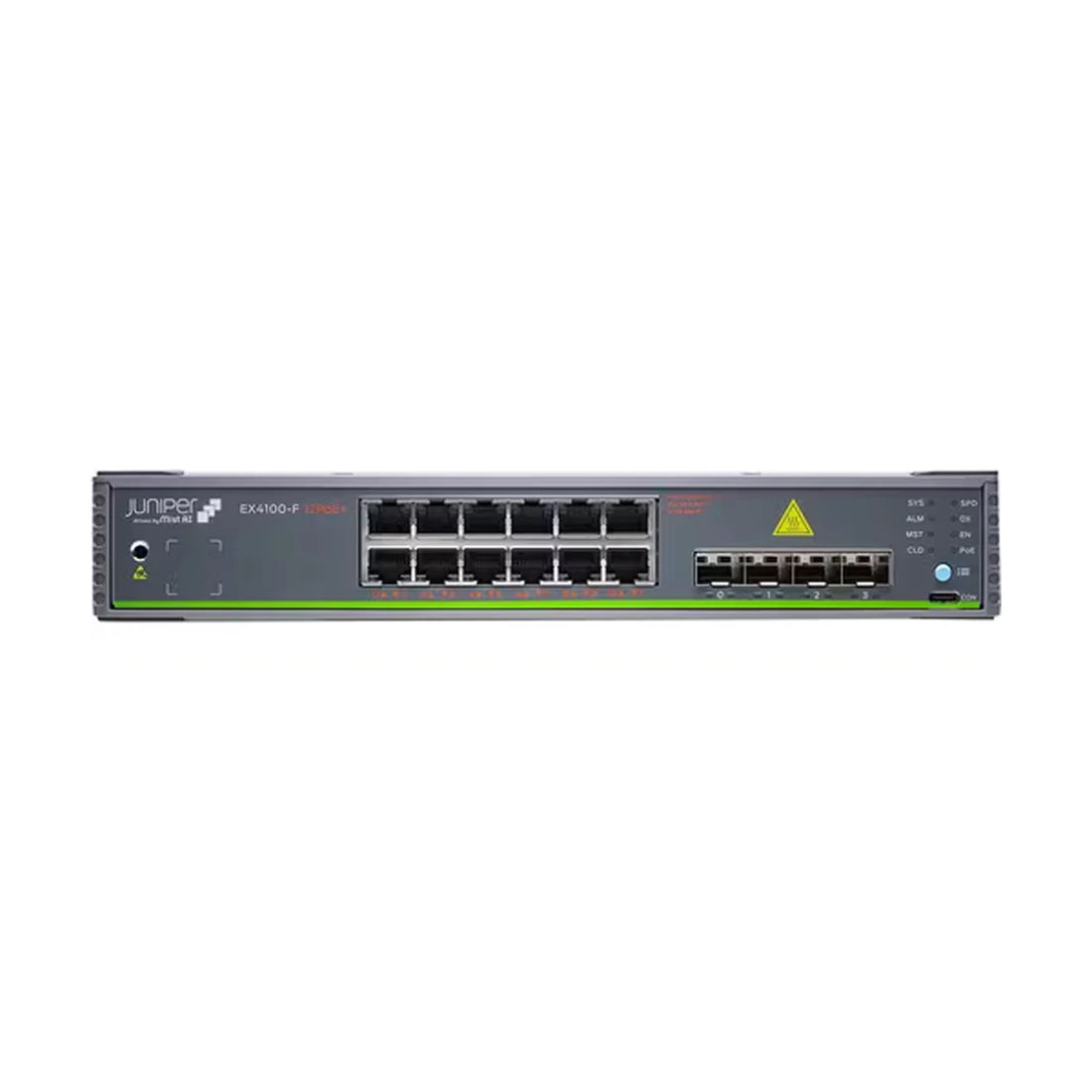Juniper Networks EX4100-F-12P 12 ports 10/100/1000BASE-T PoE+ <tc>Switch</tc> 2 liaisons montantes 100 Mb/1 GbE/2,5 GbE/5 GbE/10 GbE, 4 ports d'empilage/liaison montante 10 GbE avec optiques SW standard vendues séparément | NEUF