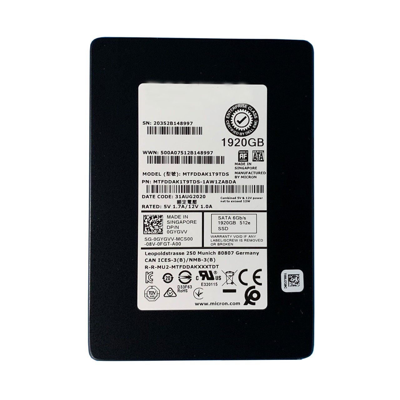 美光 MTFDDAK1T9TDS-1AW1ZABDA 1.92TB 5300 Pro SATA-6Gbps 2.5英寸 TCG SSD | 二手