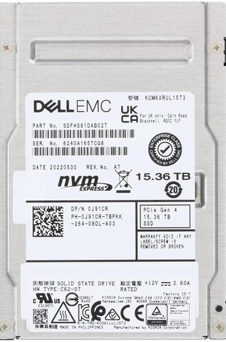 Kioxia CM6-R SDFHS81DAB02T 読み取り集中型 SSD 15.36 TB PCIE 4.0 x4 (NVMe) DELL OEM |使用済み メイン画像