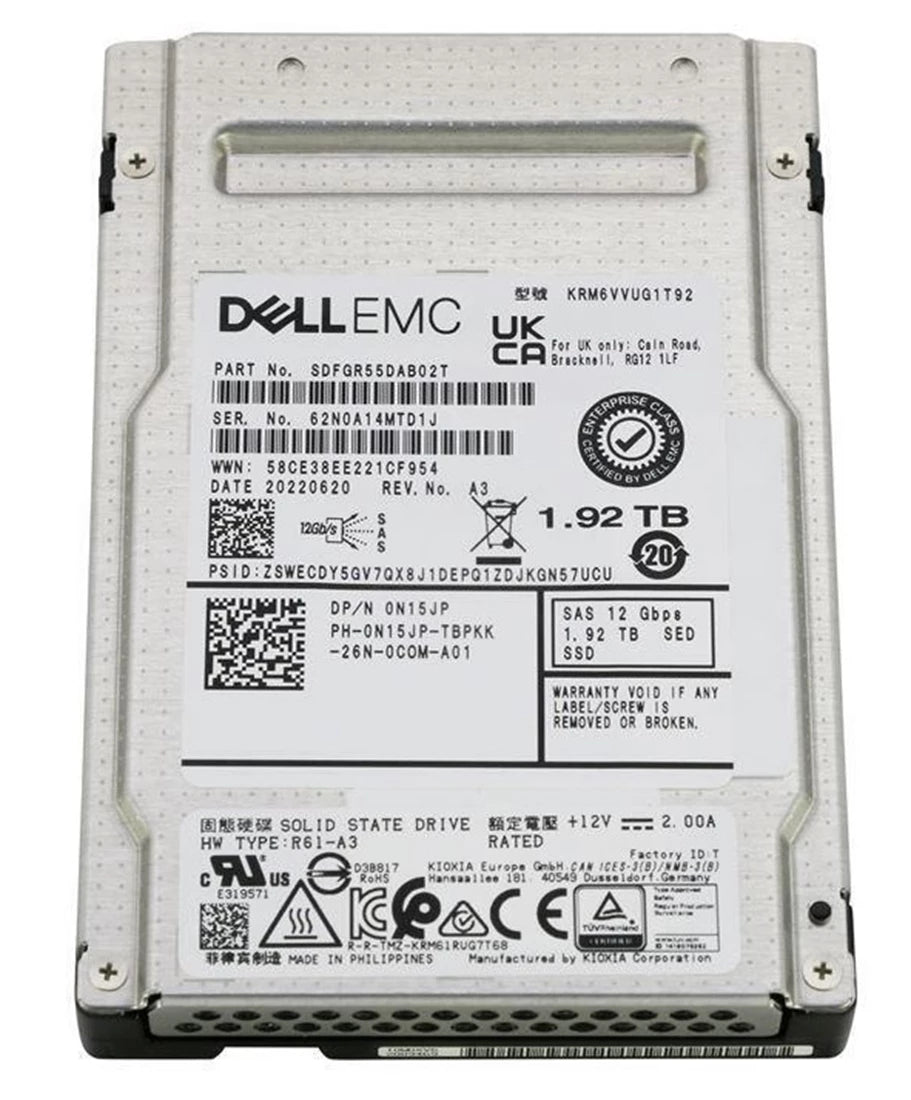 Kioxia RM6 SDFGR55DAB02T 혼합 사용 SSD 1.92TB SAS 12Gb/s DELL OEM 신제품 | 사용된