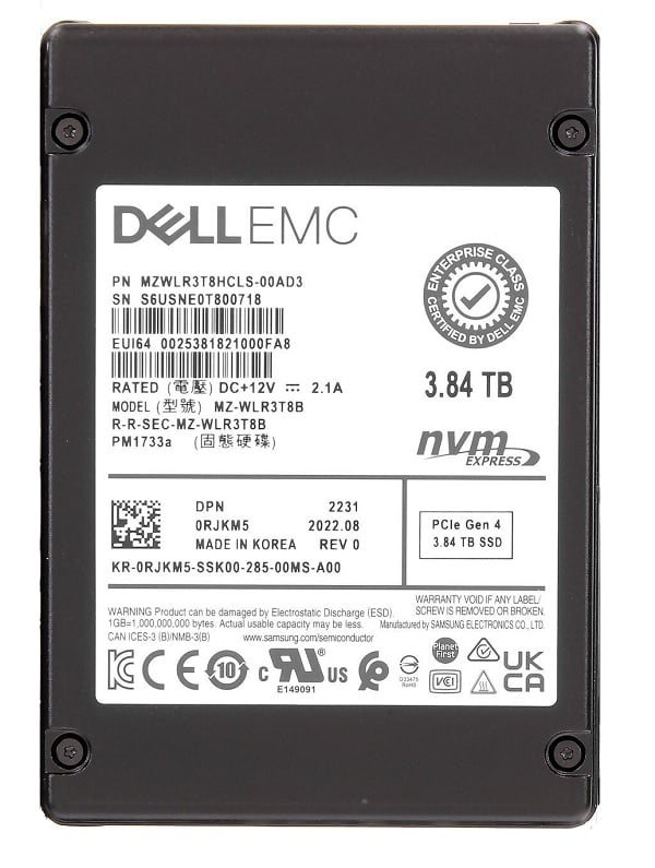 SAMSUNG MZ-WLR3T8B 3.84TB NVMe 読み取り集中 2.5 インチ U.3 Ssd Dell OEM |使用済み メイン画像