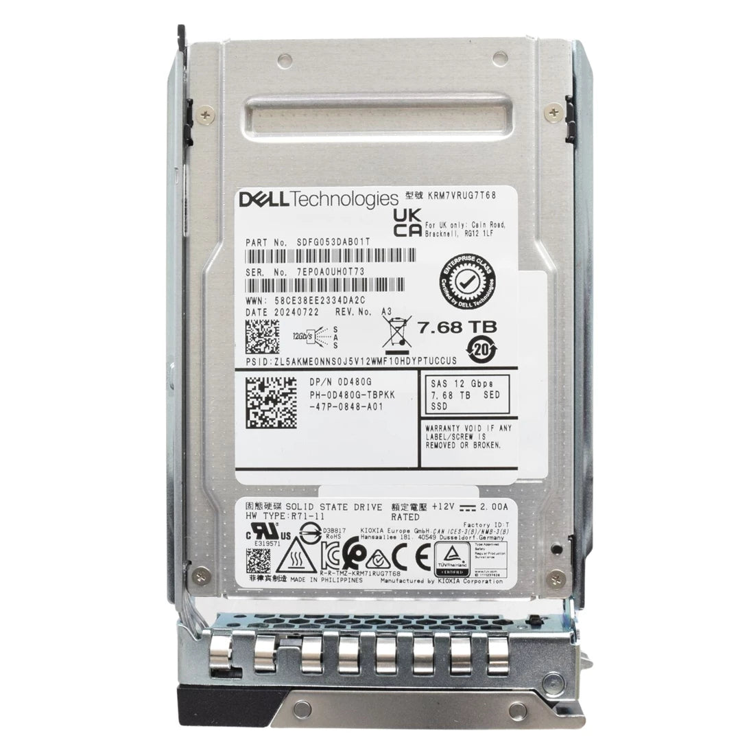 戴爾 D480G 7.68TB SSD SED SAS 讀取密集型 12Gbps 2.5 吋硬碟 |使用過的 主圖