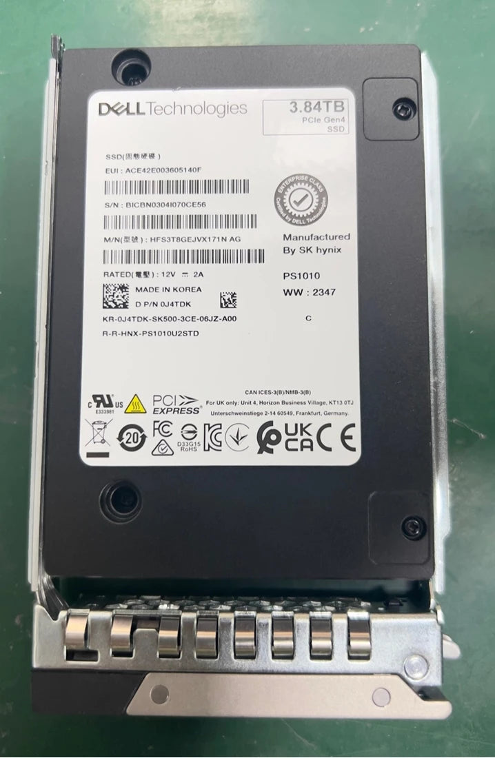 Dell J4TDK 3.84TB PCIe Gen4 NVMe RI U.2 2.5in SSD with Carrier | USED